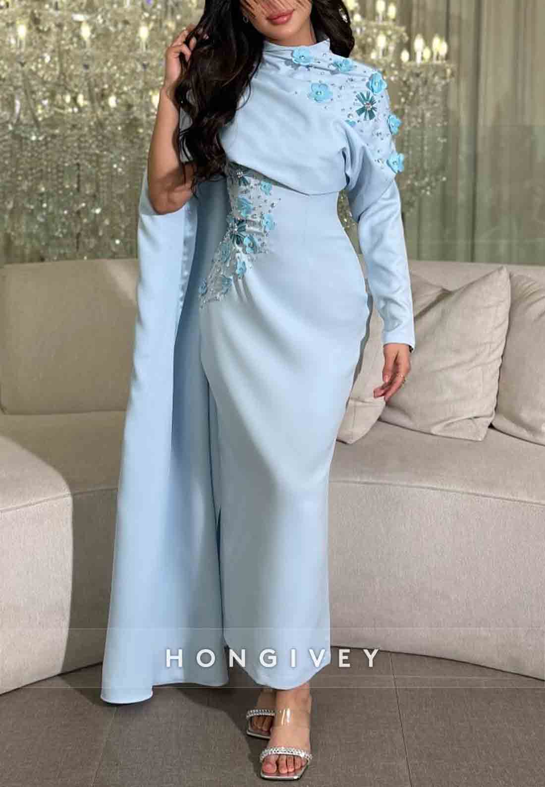 Ankle-Length High Neck Side Draping Sheath Evening Gowns with Appliqued Flowers