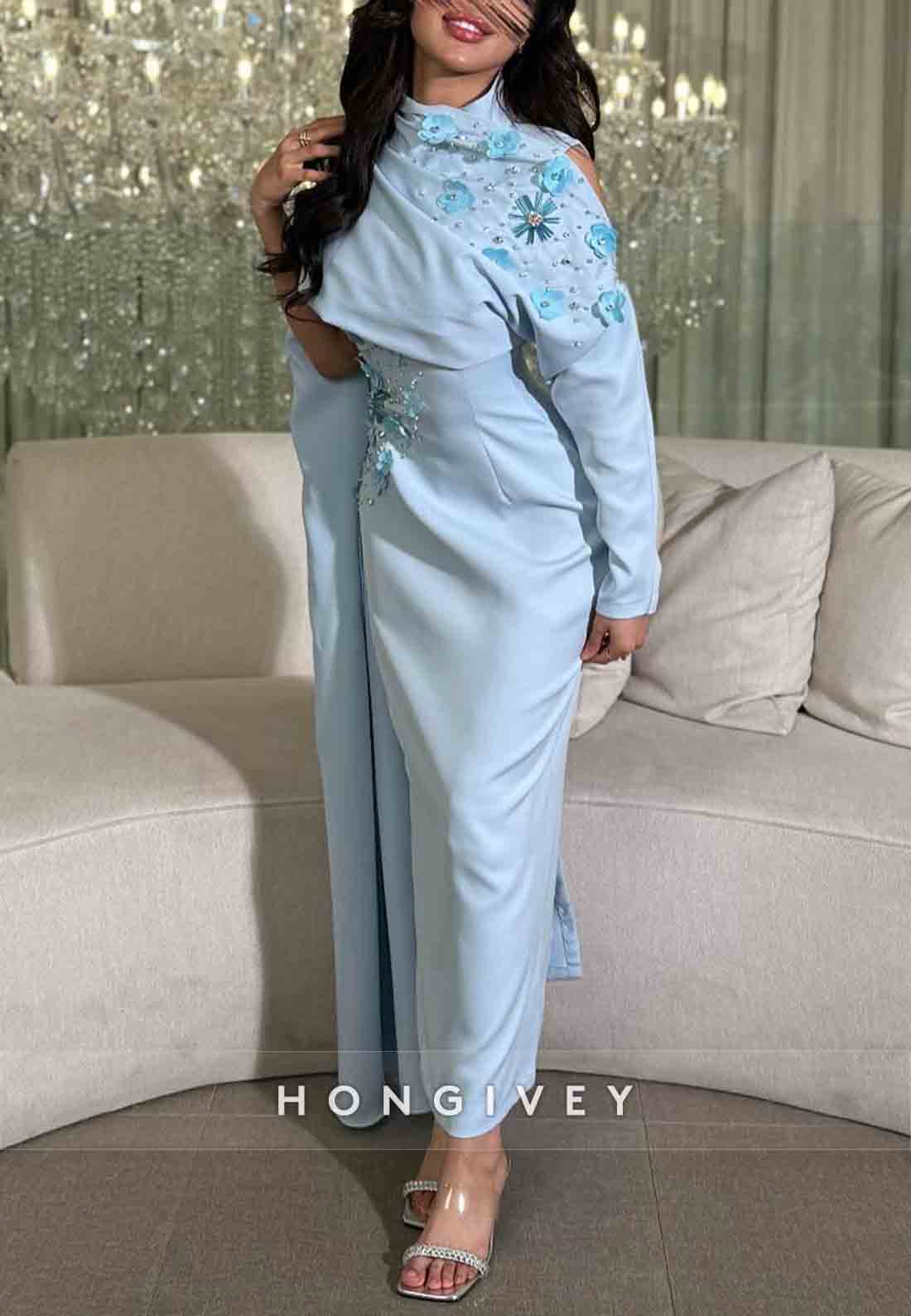 Ankle-Length High Neck Side Draping Sheath Evening Gowns with Appliqued Flowers