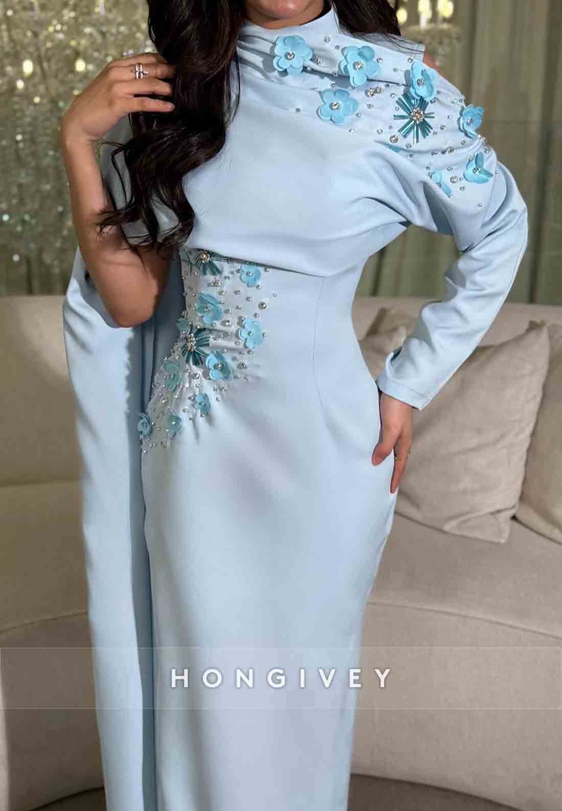 Ankle-Length High Neck Side Draping Sheath Evening Gowns with Appliqued Flowers