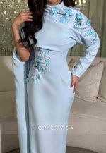 Ankle-Length High Neck Side Draping Sheath Evening Gowns with Appliqued Flowers