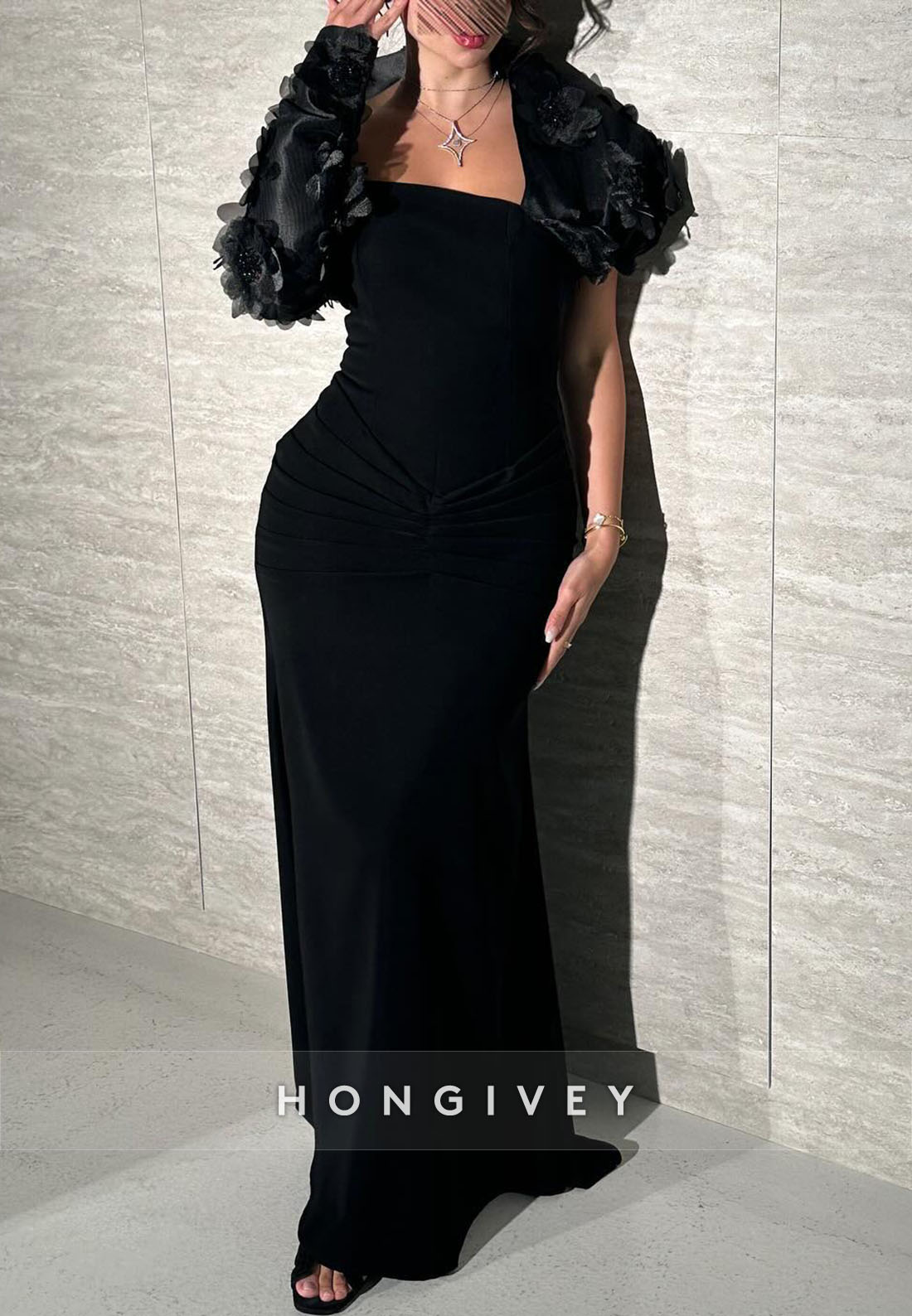 One Shoulder Black Pleated Mermaid Evening Gowns with Flowers