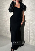 One Shoulder Black Pleated Mermaid Evening Gowns with Flowers