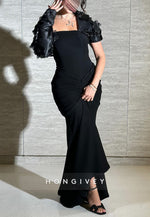 One Shoulder Black Pleated Mermaid Evening Gowns with Flowers