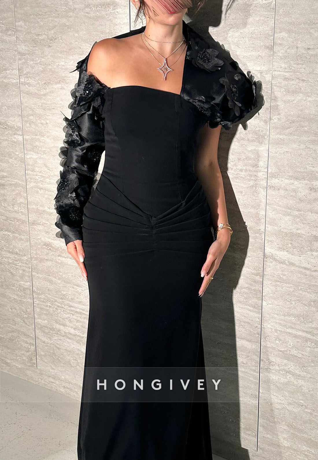 One Shoulder Black Pleated Mermaid Evening Gowns with Flowers
