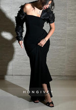 One Shoulder Black Pleated Mermaid Evening Gowns with Flowers