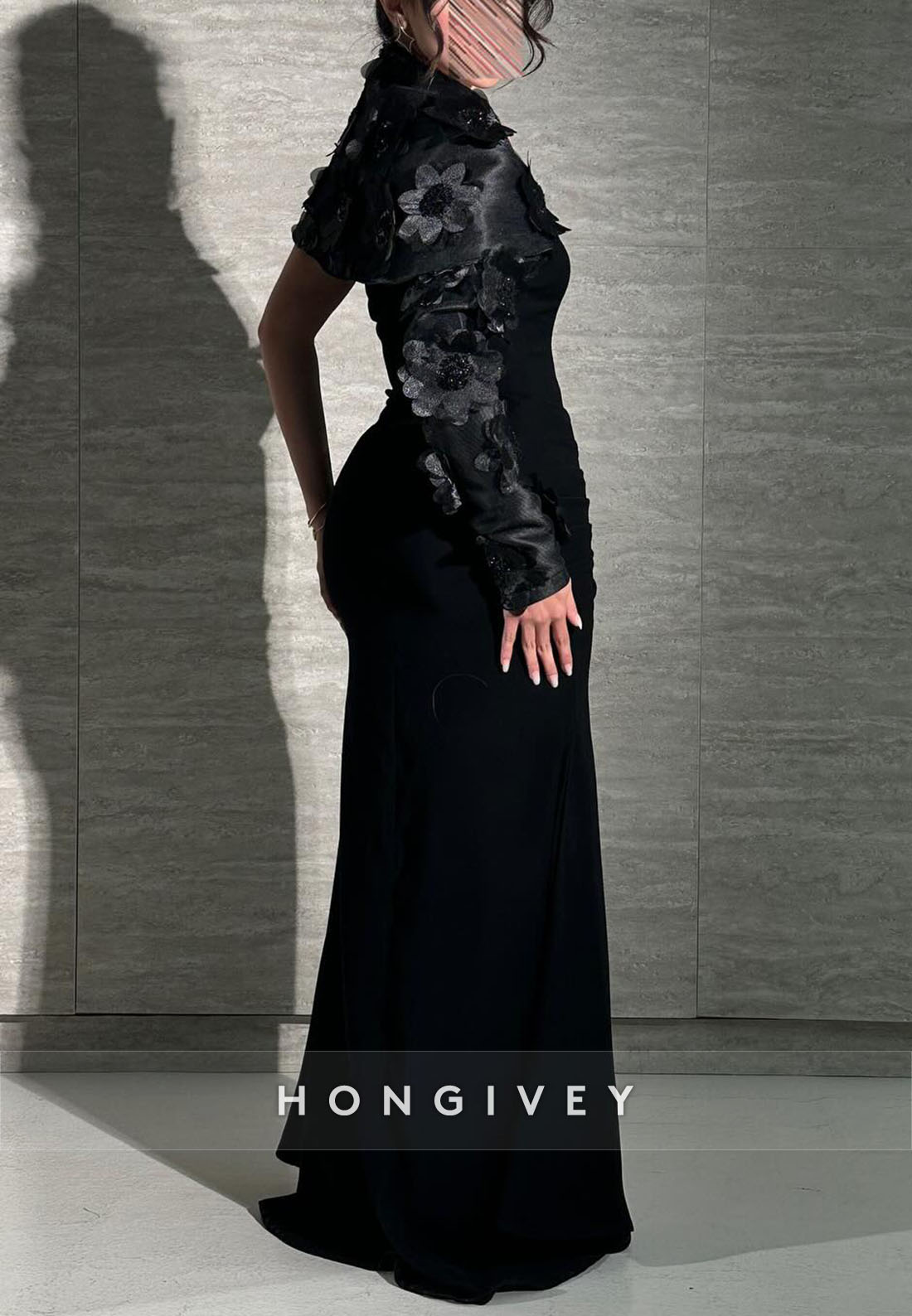 One Shoulder Black Pleated Mermaid Evening Gowns with Flowers