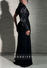 One Shoulder Black Pleated Mermaid Evening Gowns with Flowers
