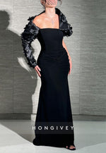 One Shoulder Black Pleated Mermaid Evening Gowns with Flowers
