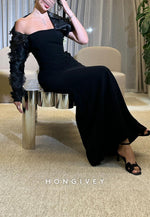 One Shoulder Black Pleated Mermaid Evening Gowns with Flowers