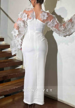 White Long Sleeves Sheath Side Slit Evening Gowns with Handmade Flowers