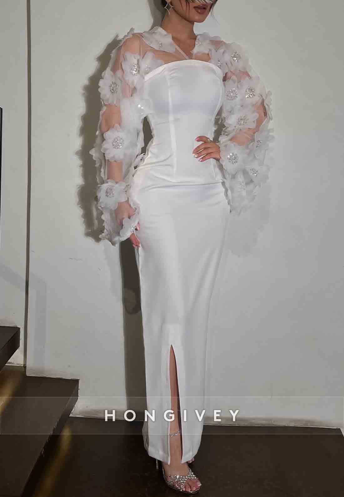 White Long Sleeves Sheath Side Slit Evening Gowns with Handmade Flowers
