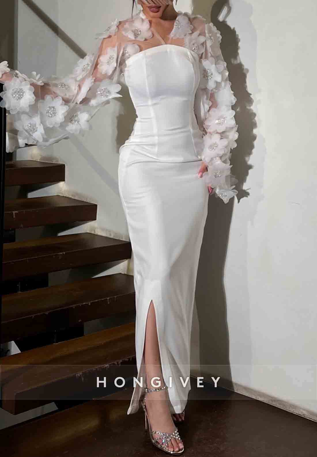 White Long Sleeves Sheath Side Slit Evening Gowns with Handmade Flowers