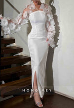 White Long Sleeves Sheath Side Slit Evening Gowns with Handmade Flowers