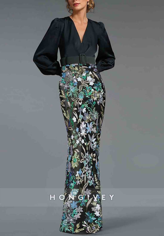 Long Sleeves V-Neck Column Floor-Length Stretch Crepe with Beading Lace Evening Gowns