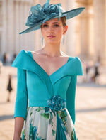 V-Neck 3/4 Sleeve Flowers A-Line Floral Print Ankle-Length Evening Dress