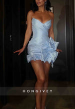 Strapless Sky Blue V-Neck Sheath Mini Homecoming Dresses with Bowknots