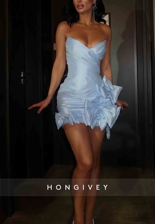 Strapless Sky Blue V-Neck Sheath Mini Homecoming Dresses with Bowknots