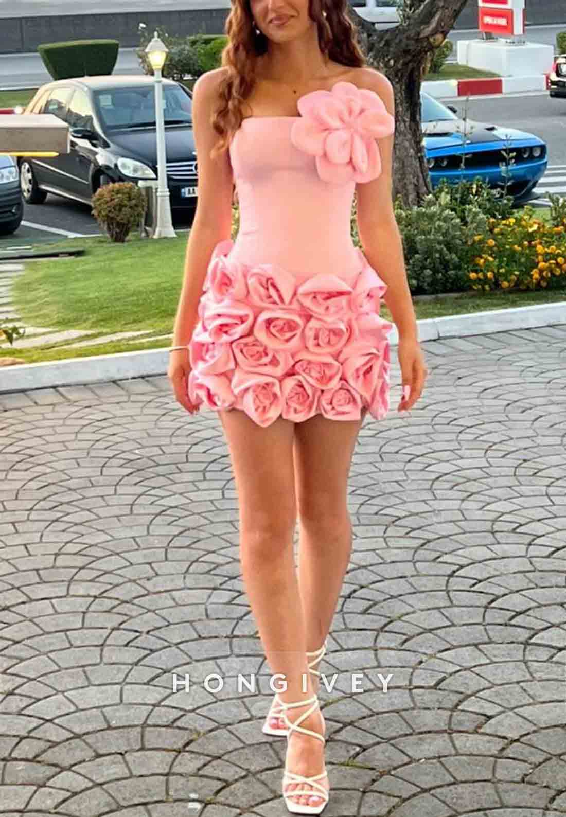 Pink Strapless Pleated Sleeveless Flowers Sheath Mini Homecoming Dresses