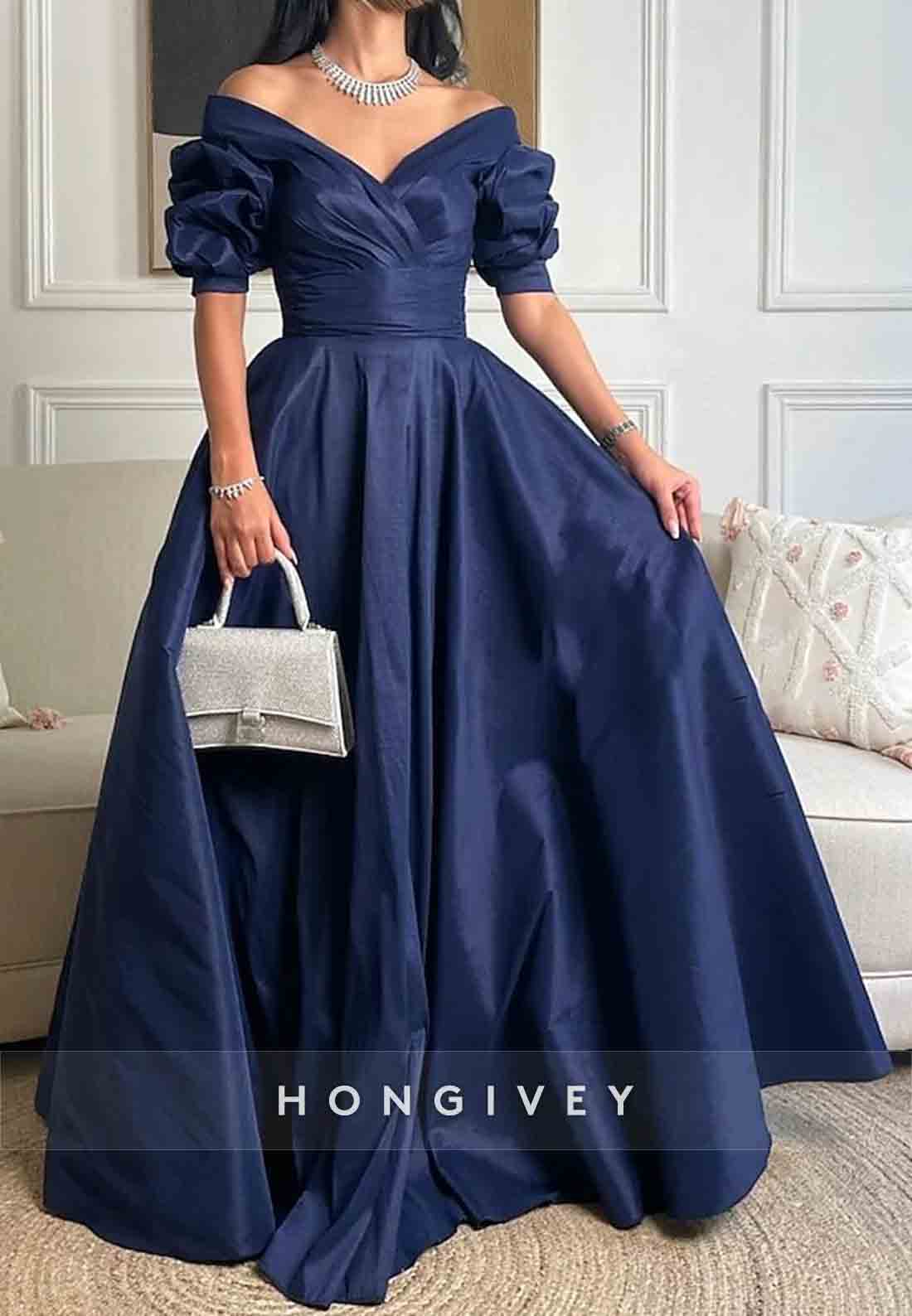 Off the Shoulder V-Neck Floor-Length Satin Short Sleeves Princess Evening Gown