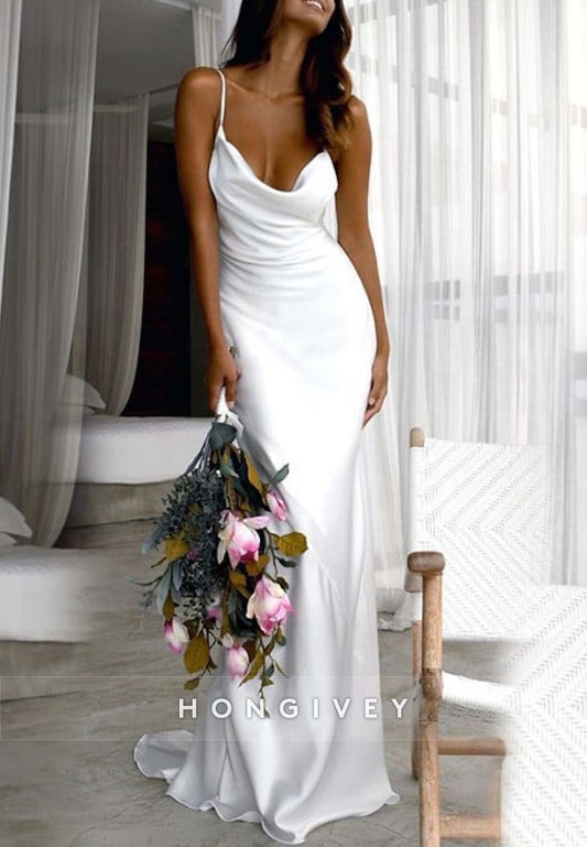 Cowl Neck Pleated Satin Floor-Length Sheath Spaghetti Straps Wedding Dresses