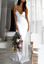 Spaghetti Straps Cowl Neck Floor-Length Column Pleated Wedding Dresses