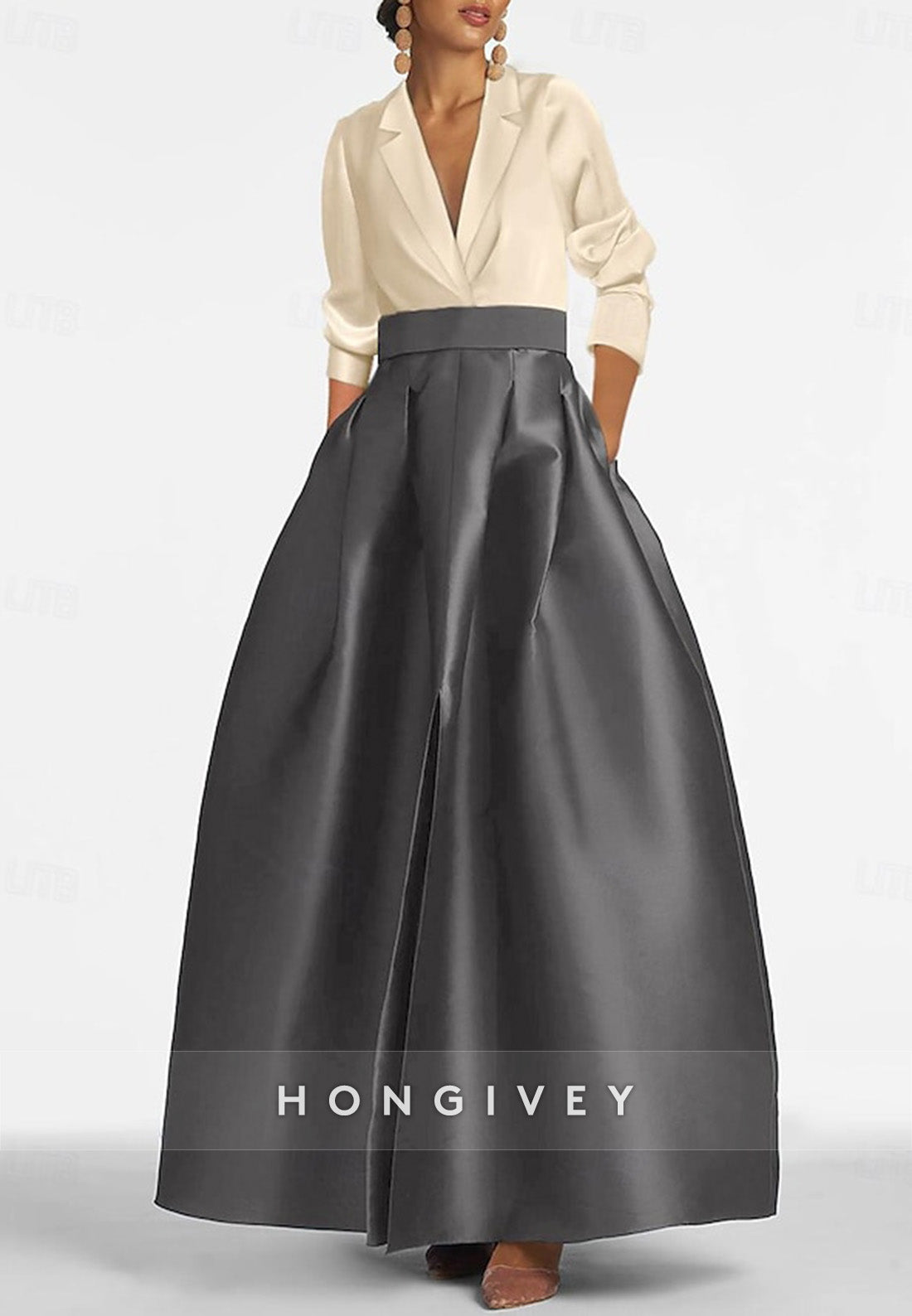 V-Neck A-Line 3/4 Sleeve Ankle-Length Satin Pleated Evening Gowns