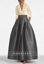 V-Neck A-Line 3/4 Sleeve Ankle-Length Satin Pleated Evening Gowns