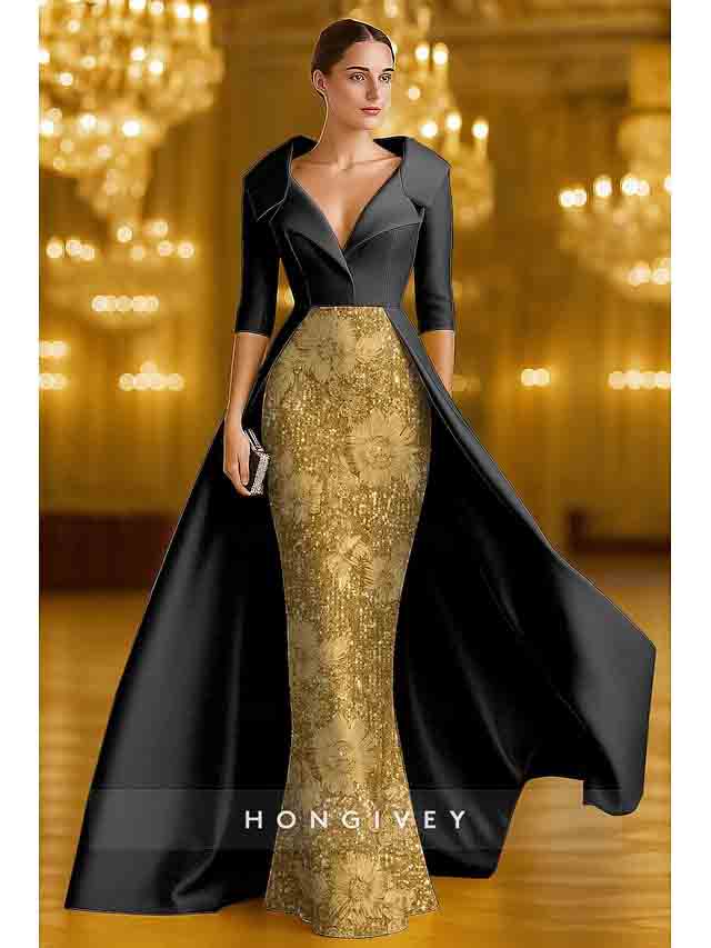 V-Neck Court Train 3/4 Sleeve Evening Dress