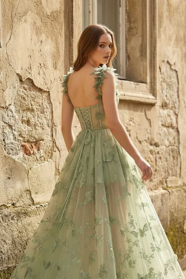 A-line Butterfly Lace Lilac Corset Prom Dress with Slit