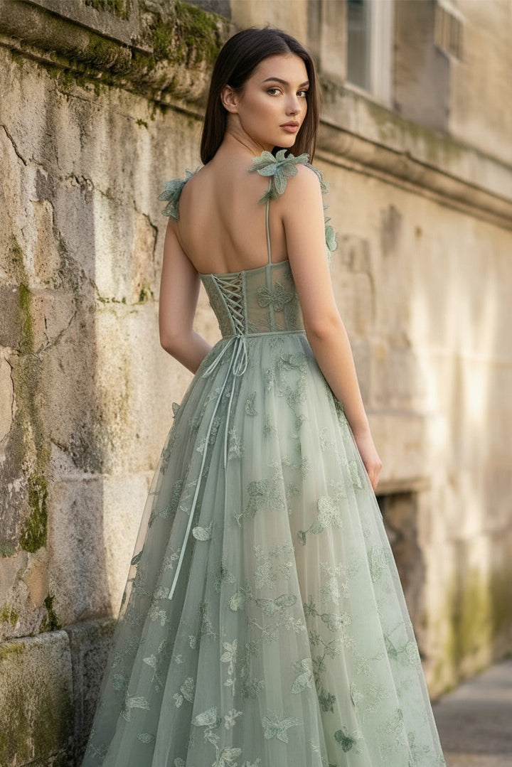 A-line Butterfly Lace Lilac Corset Prom Dress with Slit