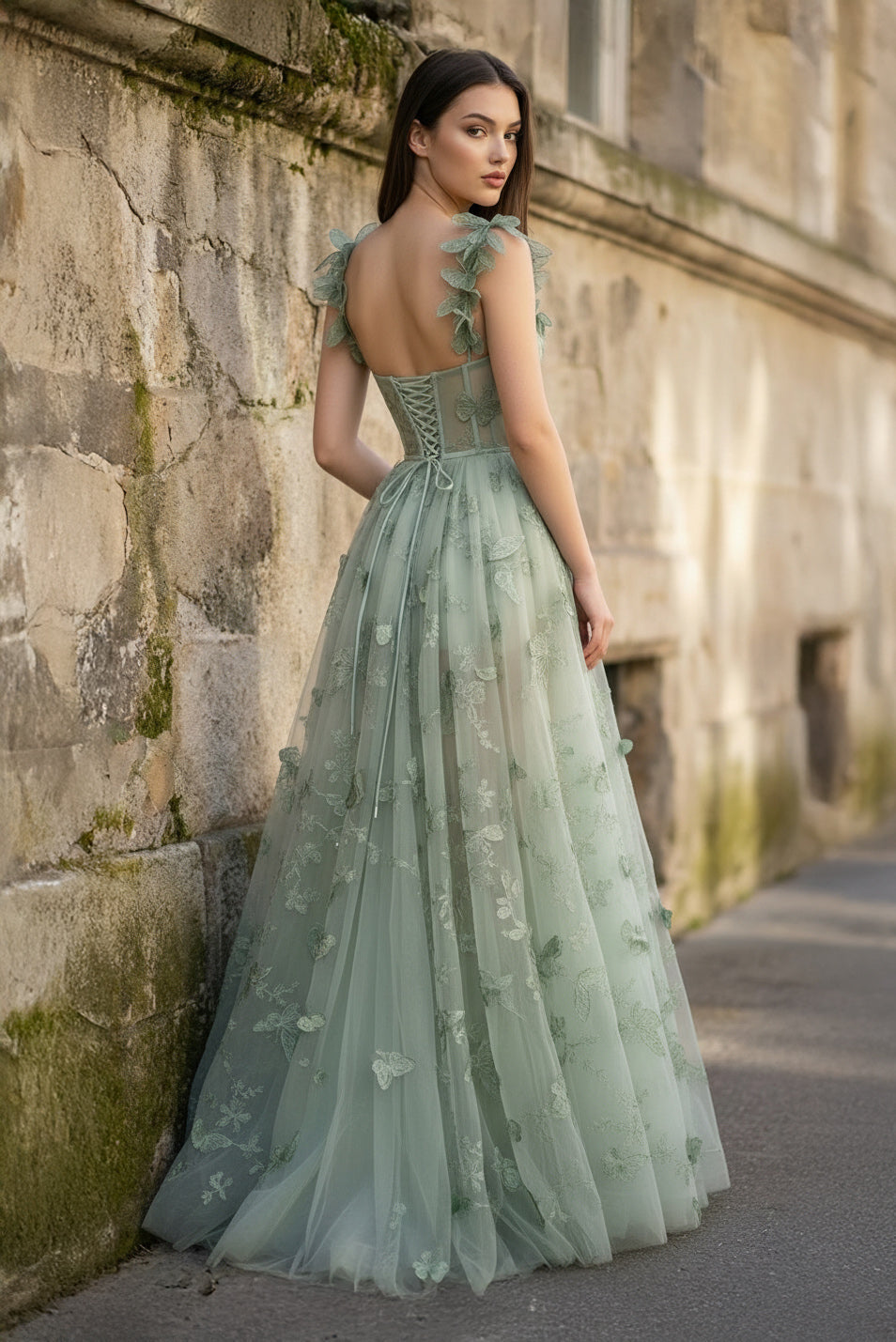 A-line Butterfly Lace Lilac Corset Prom Dress with Slit