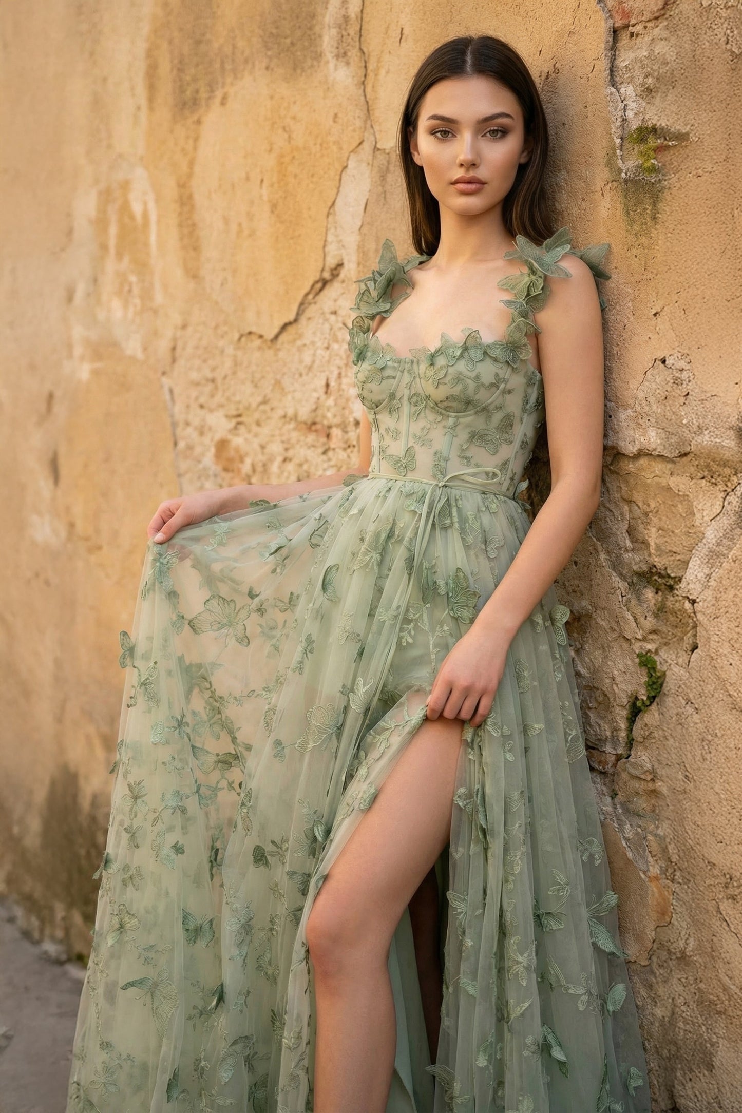 A-line Butterfly Lace Lilac Corset Prom Dress with Slit