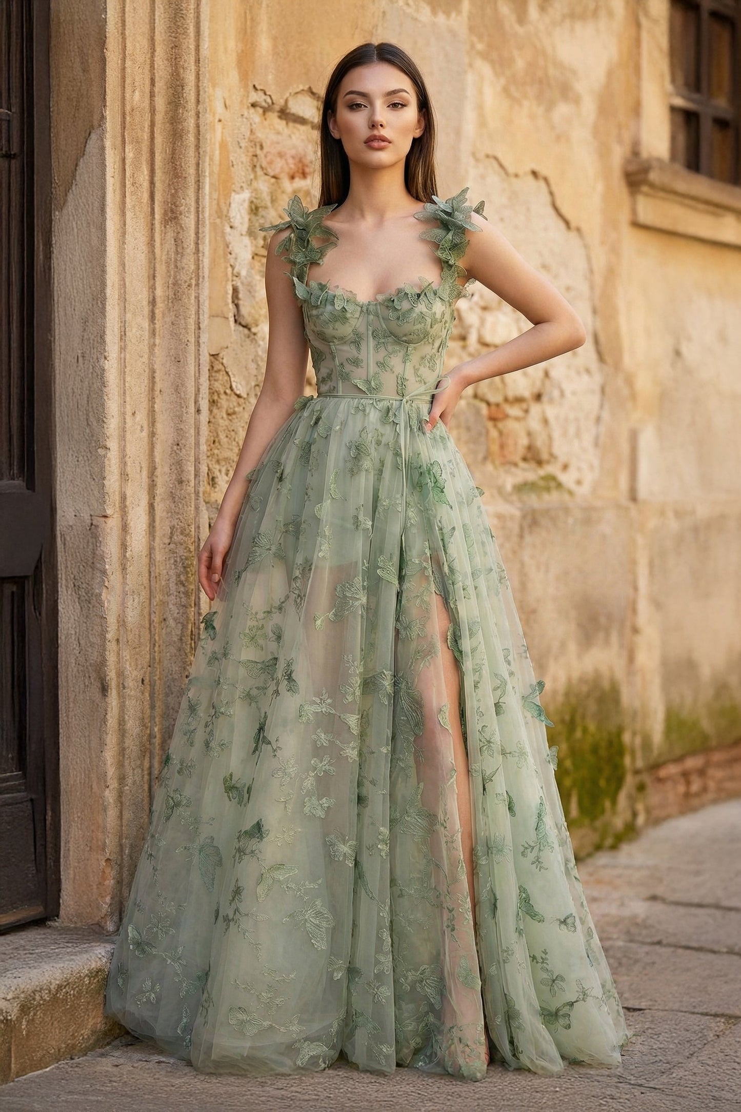 A-line Butterfly Lace Lilac Corset Prom Dress with Slit