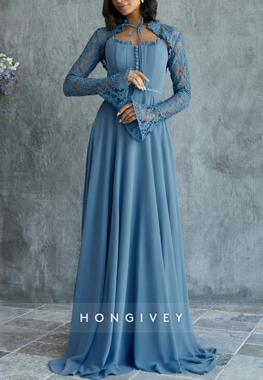 Lace Blue Long Sleeves A-Line Bell Sleeves Floor-Length Evening Gowns