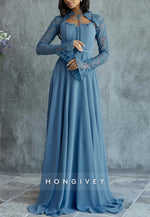 Lace Blue Long Sleeves A-Line Bell Sleeves Floor-Length Evening Gowns