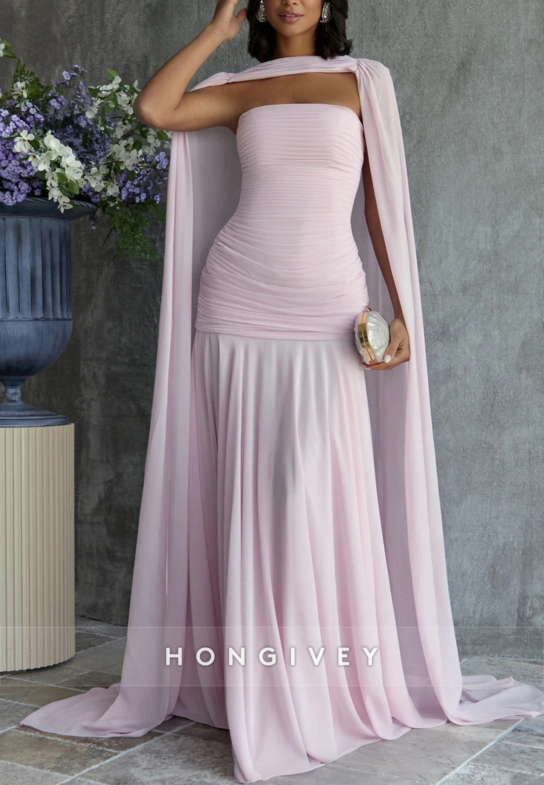 Pale Blush Evening Gown A-Line Floor-Length Wedding Guest Dress with Cape