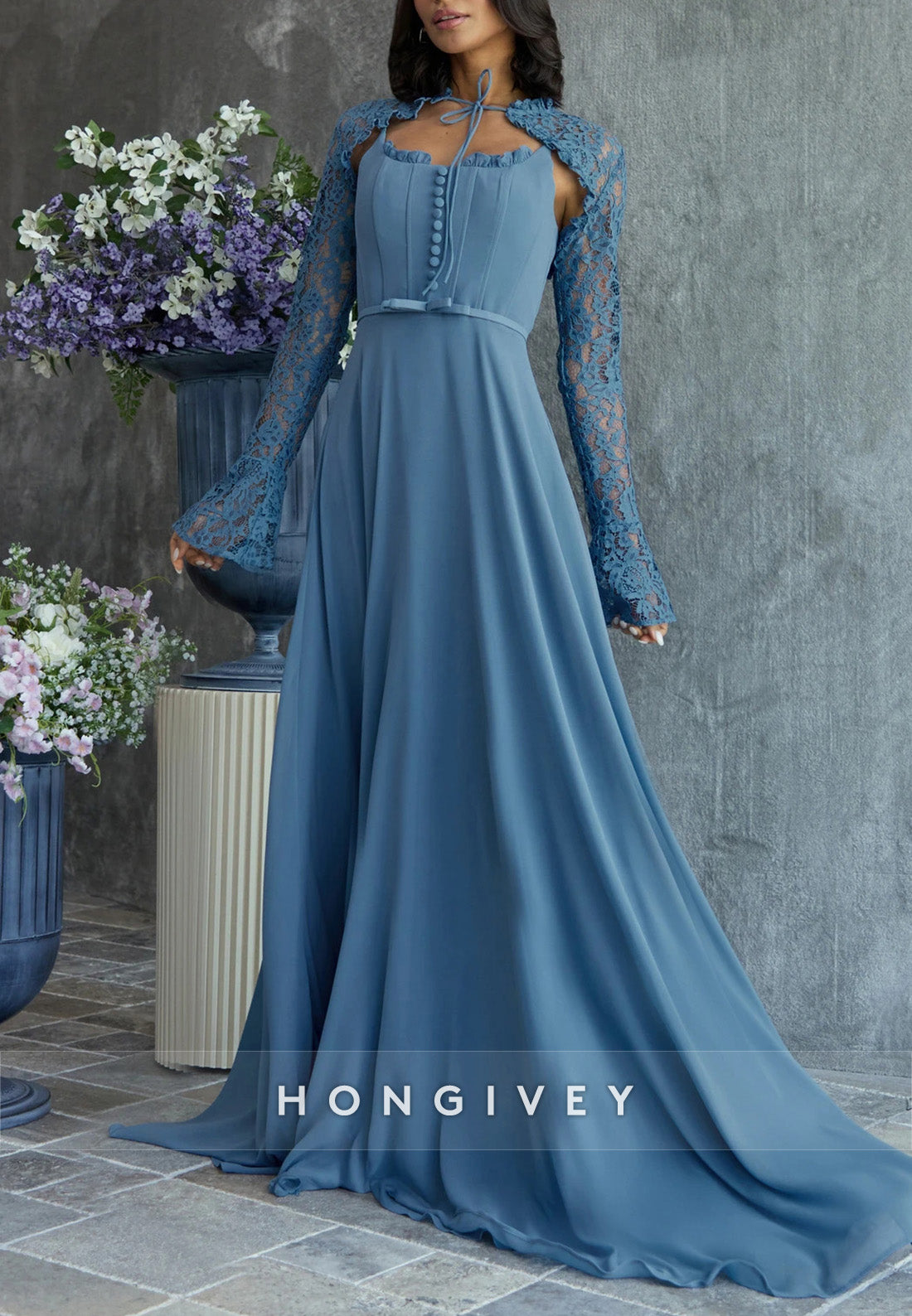 Lace Blue Long Sleeves A-Line Bell Sleeves Floor-Length Evening Gowns