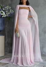 Pale Blush Evening Gown A-Line Floor-Length Wedding Guest Dress with Cape