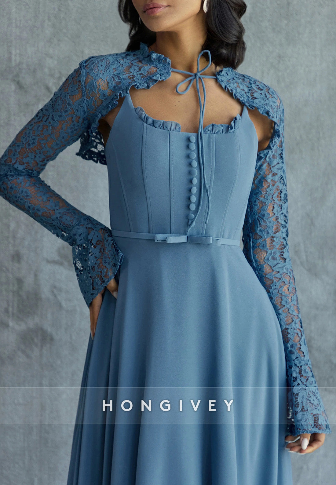 Lace Blue Long Sleeves A-Line Bell Sleeves Floor-Length Evening Gowns