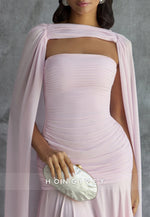 Pale Blush Evening Gown A-Line Floor-Length Wedding Guest Dress with Cape