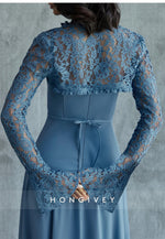 Lace Blue Long Sleeves A-Line Bell Sleeves Floor-Length Evening Gowns