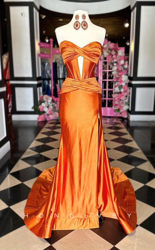 L2710 - Satin Trumpet Sweetheart Strapless With Side Slit Train Party Prom Evening Dress