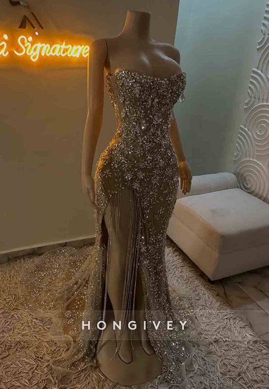 Strapless Strapless High Slit Mermaid Prom Dresses with Rhinestone and Tassel
