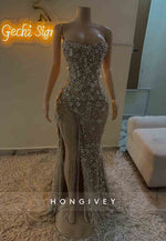 Strapless Strapless High Slit Mermaid Prom Dresses with Rhinestone and Tassel