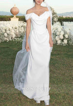 Off the Shoulder Satin Cowl Neck Engagement Floor-Length Wedding Dresses