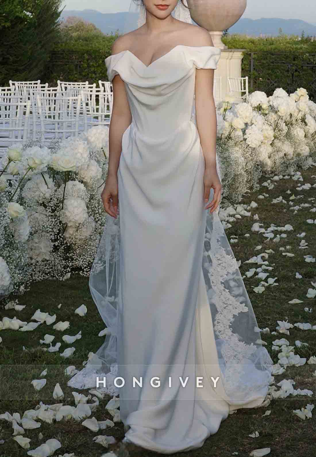 Off the Shoulder Satin Cowl Neck Engagement Floor-Length Wedding Dresses