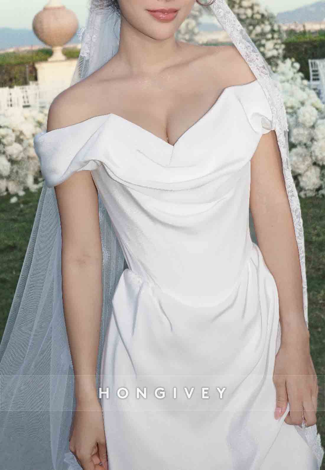 Off the Shoulder Satin Cowl Neck Engagement Floor-Length Wedding Dresses