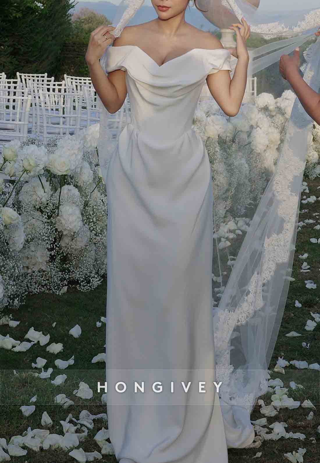 Off the Shoulder Satin Cowl Neck Engagement Floor-Length Wedding Dresses