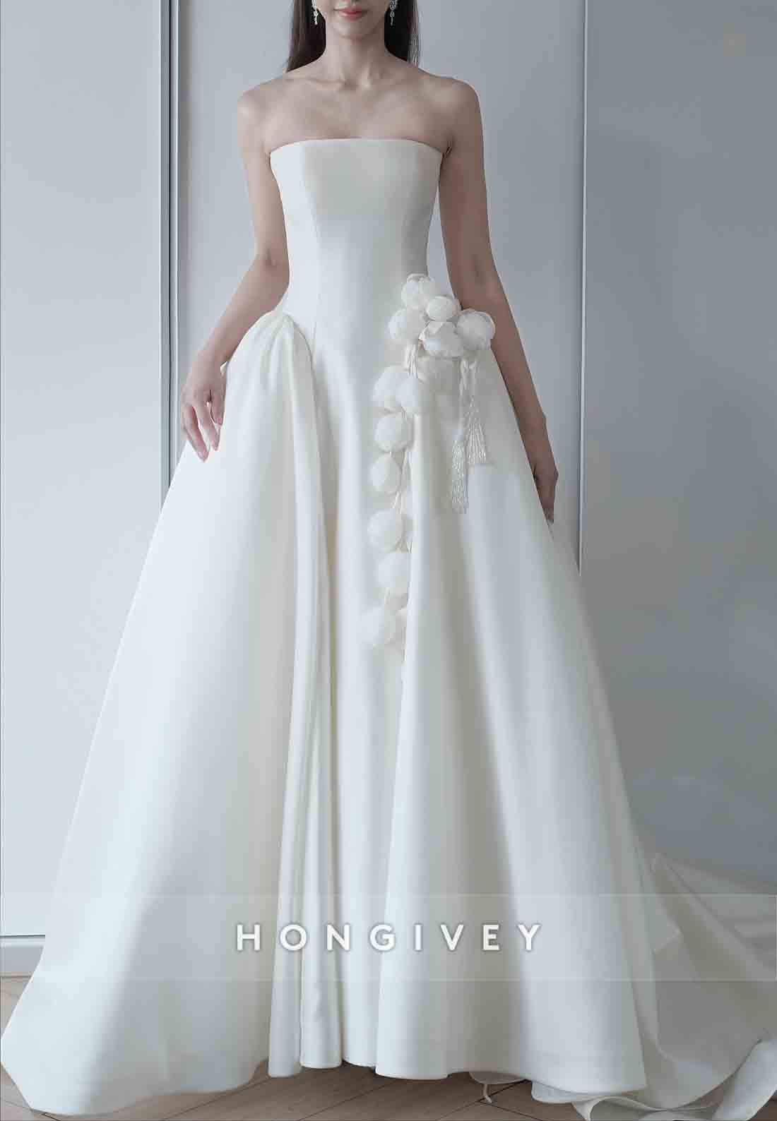 3D Floral Strapless Satin Court Train Princess Wedding Dresses