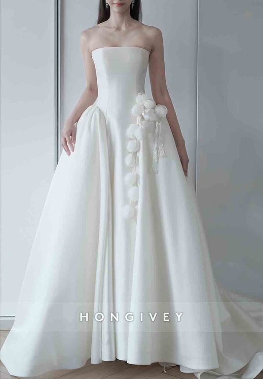3D Floral Strapless Satin Court Train Princess Wedding Dresses